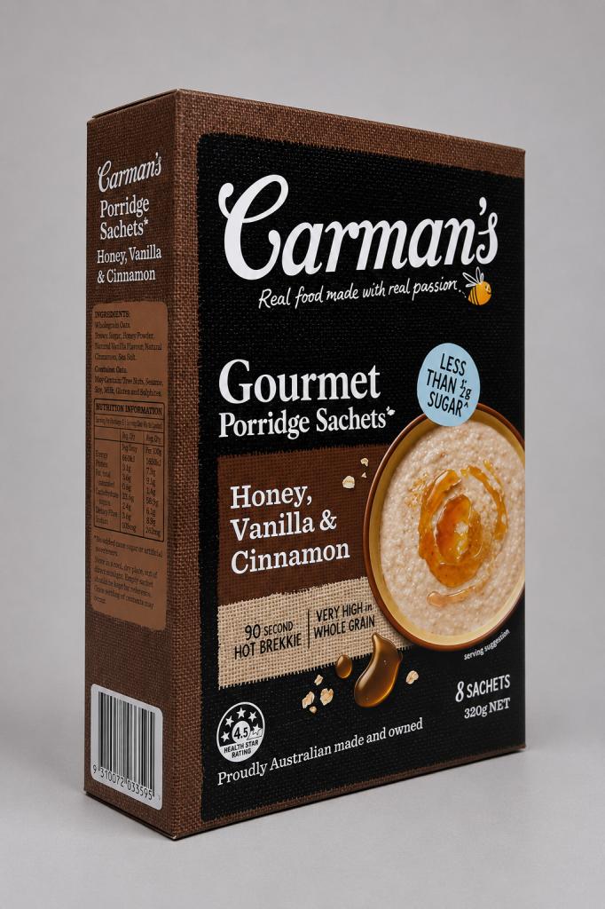 Carman`s Gourmet Porridge Sachets Honey~Vanilla & Cinnamon Muesli & Oats
